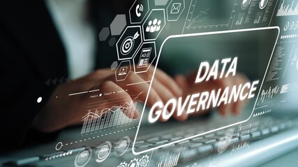 Business professional focused on data governance with digital interface and analytics metrics displayed on screen. Asymptotic smart data analytic. - Powered by Adobe