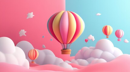 Naklejka premium A whimsical illustration of colorful hot air balloons floating gently above fluffy clouds in a dreamy pastel sky, evoking adventure and freedom.