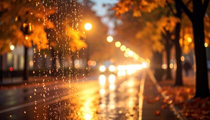 Fototapeta premium Autumn evening, wet window, blurred streetlight glow, slight fog