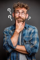 Thoughtful Man in Casual Attire: Pondering Life Choices with a Curious Expression and Question Marks in a Modern Aesthetic.