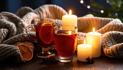 Mulled wine near candles and a blanket, dark evening mood