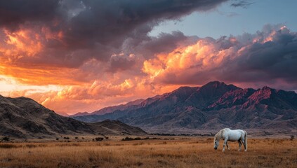 Majestic sunset over a vast, arid landscape. A solitary white horse grazes peacefully in the foreground