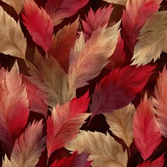 Colorful autumn leaves pattern, vibrant red and gold shades on a dark background.