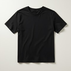 A classic black short-sleeved t-shirt with a crew neck, laid flat on a neutral light-colored background.