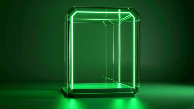 Empty Glass Display Case, Neon Green Glow, Modern Design