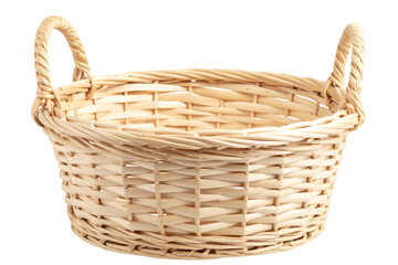 Fototapeta premium Round Handwoven Basket with Handles in Light Beige, isolated on transparent background