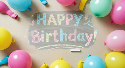 Festive birthday celebration with colorful balloons and celebratory message