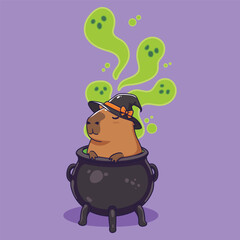 Halloween cute Capybara Witch in Cauldron with Ghosts. illustration vector