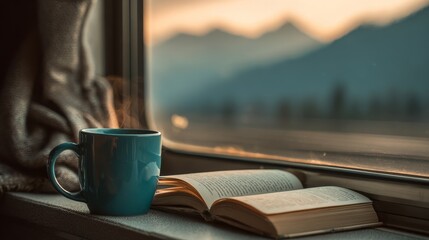 Relaxing Travel Moment with Cup and Open Book