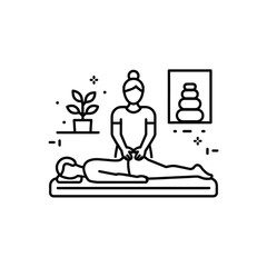 Line art illustration of a massage therapist giving a back massage to a client