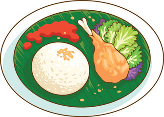 indonesian food vector illustration with cartoon art style. delicious indonesian rice with fried chicken illustration