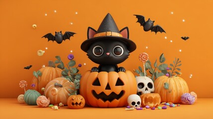Fototapeta premium A cute 3D Halloween illustration featuring a black cat wearing a witch hat sitting inside a Jack-o'-lantern, surrounded by pumpkins, candy, a skull, and bats flying, with a bright orange background
