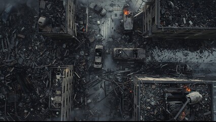 Top-down aerial view of a destroyed city after a cataclysmic event. Ruined buildings and burning cars fill the desolate streets.