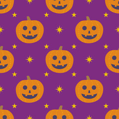 Jack-O-Lantern Creepy carved pumpkin head vector seamless pattern design. Autumn illustration in flat cartoon retro groovy funky style for Halloween holiday decoration, wrapping paper, background deco