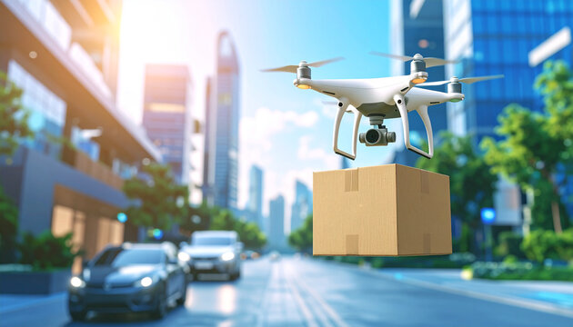 Drone Delivery in Urban Landscape: A drone transports a package over a bustling city street, showcasing modern technology in the realm of logistics and urban delivery.  - Powered by Adobe