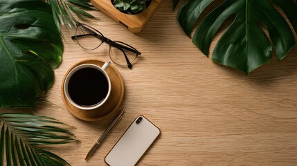 Workspace with Coffee Cup and Smartphone on Wooden Desk