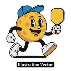 A cheerful retro cartoon mascot in a cap, joyfully running while playing a game of pickleball