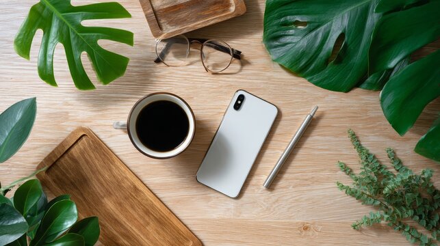 Workspace with Coffee Cup and Smartphone on Wooden Desk