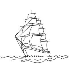 Elegant single line drawing of a tall ship sailing on the ocean