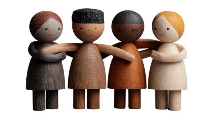 Four small wooden figures, diverse in skin tone, stand close together, arms around each other's shoulders.  Simple, friendly faces with gentle smiles.  Wooden bodies and clothes