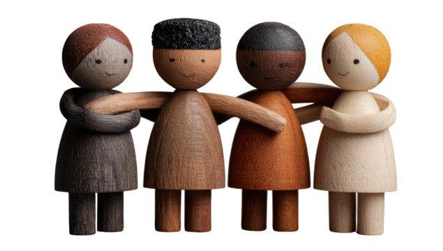 Four small wooden figures, diverse in skin tone, stand close together, arms around each other's shoulders. Simple, friendly faces with gentle smiles. Wooden bodies and clothes