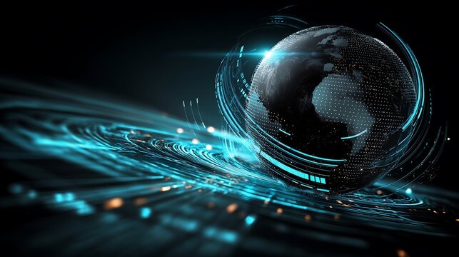 Futuristic Digital Technology Background, Global Network Connection Concept, Binary Data Stream Around Earth, Hi-Tech Communication Innovation, Cyber World Data Orbits - Powered by Adobe