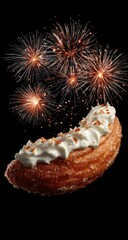 Floating pastry, creamy topping, festive fireworks