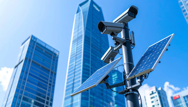 City Surveillance: A cluster of advanced CCTV cameras with solar panels, perched atop a pole amidst towering skyscrapers, captures a modern urban environment, symbolizing safety and the future.