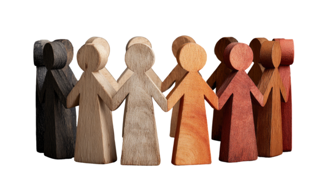 Diverse wooden figures holding hands in a circle