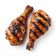Two grilled chicken drumsticks, glazed and marked with grill lines