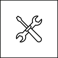 Simple line drawing of crossed wrench and screwdriver isolated on white background