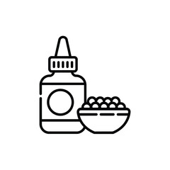 Line art illustration of a dropper bottle with a bowl of small round seeds