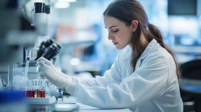 A focused female scientist is conducting an experiment in a modern laboratory. She uses a pipette to analyze samples with precise movements.