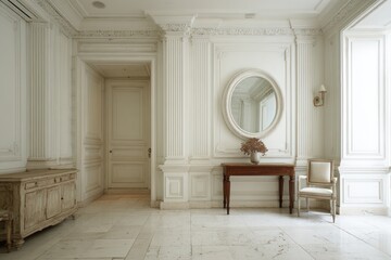 Bright, white room with ornate molding, wood furniture, and an oval mirror on the wall