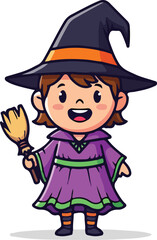 A cartoon witch holding a broom ready for halloween night