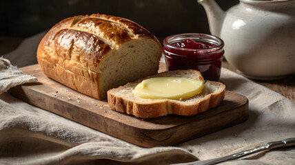 Homemade loaf of white bread with a buttered slice and red berry jam on a rustic wooden board.