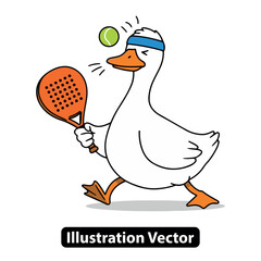 Funny cartoon duck character playing paddle tennis with a racket and ball vector art.