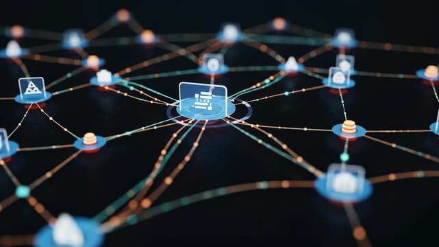 Abstract Digital Network Connections with Nodes and Data Exchange on a Dark Background