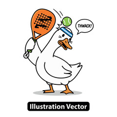 Athletic goose character in a headband hitting a ball with a paddle, humorous sports mascot