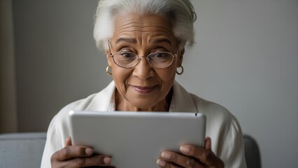 Senior woman surprised using digital tablet for learning new tech