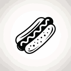 Simple black and white illustration of a hot dog with mustard