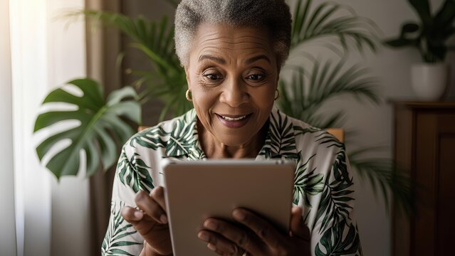 Happy senior black woman using digital tablet at home