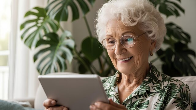 Smiling senior woman using digital tablet modern technology