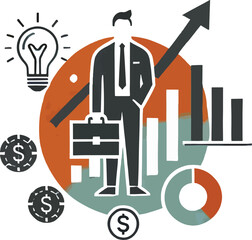 Businessman with briefcase lightbulb and financial charts