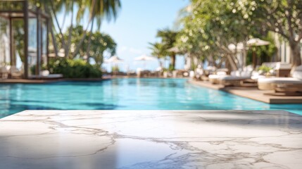 Beautiful marble countertop overlooks a luxurious pool surrounded by tropical trees resort