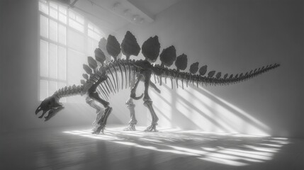 Detailed Stegosaurus Skeleton Cast in Soft Shadow and Light Play