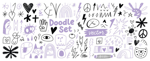 Hand Drawn Doodle Elements Collection Black Purple on White Background vector