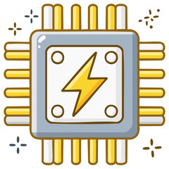 Sparkling cartoon CPU microprocessor icon with a lightning bolt symbol representing energy and processing power