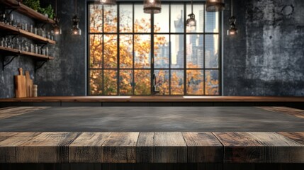 A cozy urban kitchen with a rustic wooden counter set against a large window showcasing a vibrant autumn city view. Ideal for cooking inspiration.