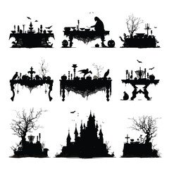 Vector silhouette set of Halloween Altar isolated in White background, silhouette Set, Halloween theme, Vector illustration